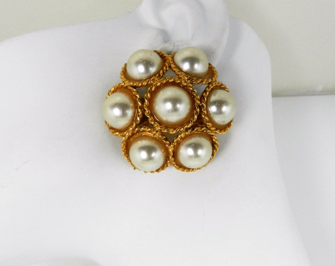VTG Alexis Kirk Paris Gold Plated Pearl Cabochon Runway Couture Clip Earrings, 90s Vintage Jewelry, High End Designer Signed