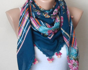 green scarf pink flower yellow cotton turkish yemeni oya handmade