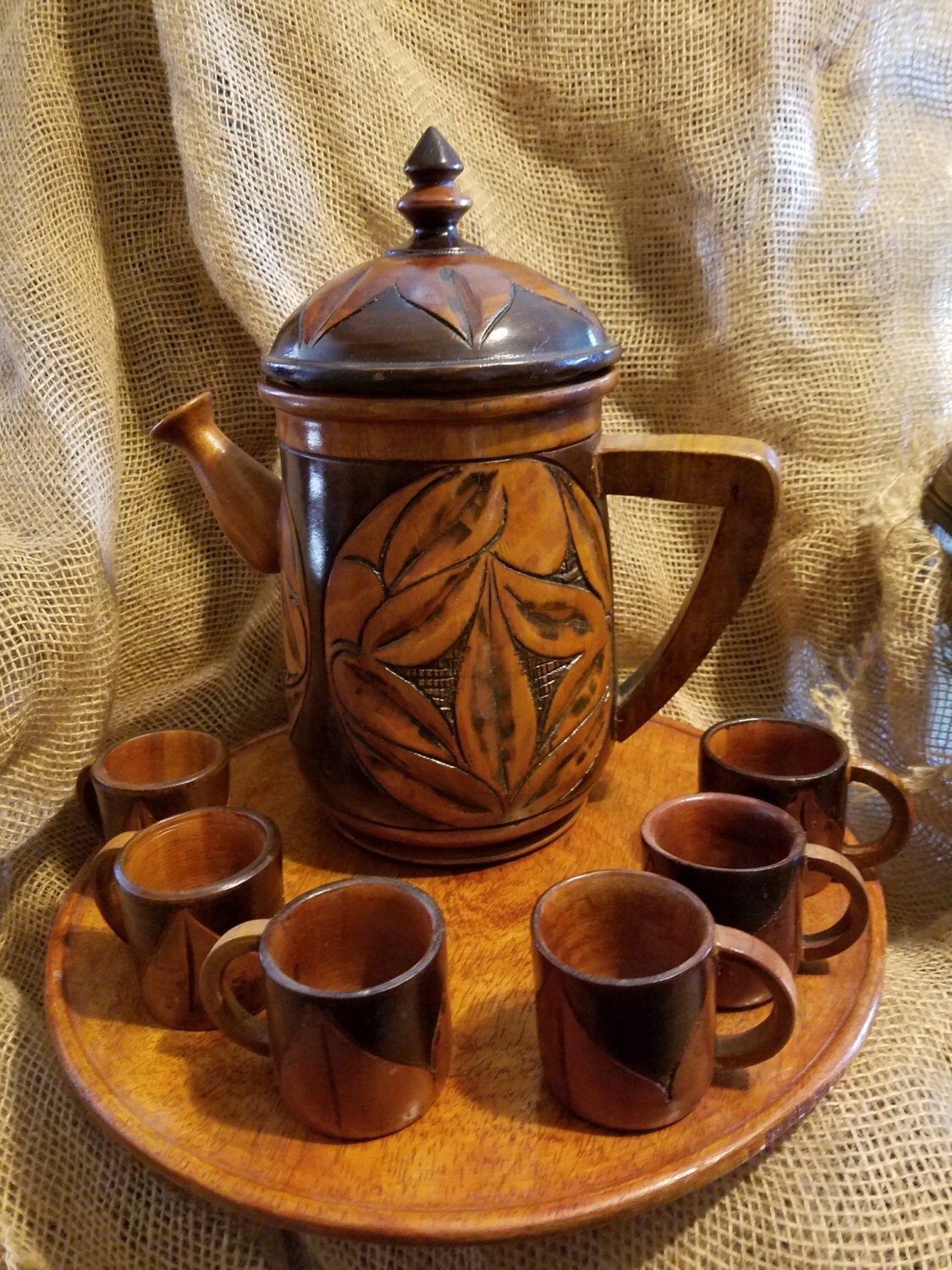 Vintage Carved Wood Wooden Tea Pot & 6 Cups by VintageBarnYard