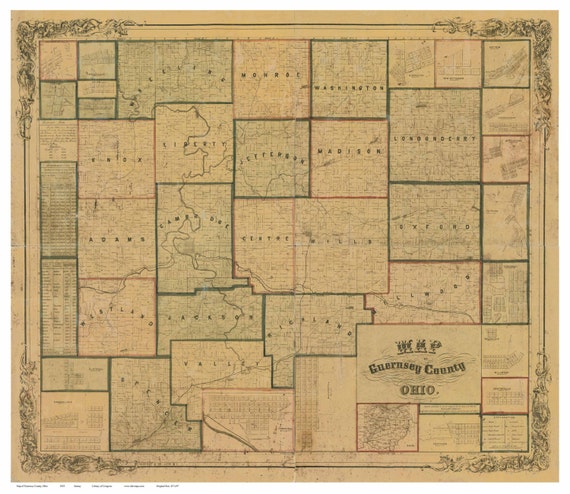 Guernsey County Ohio 1855 Wall Map Reprint with by Oldmap