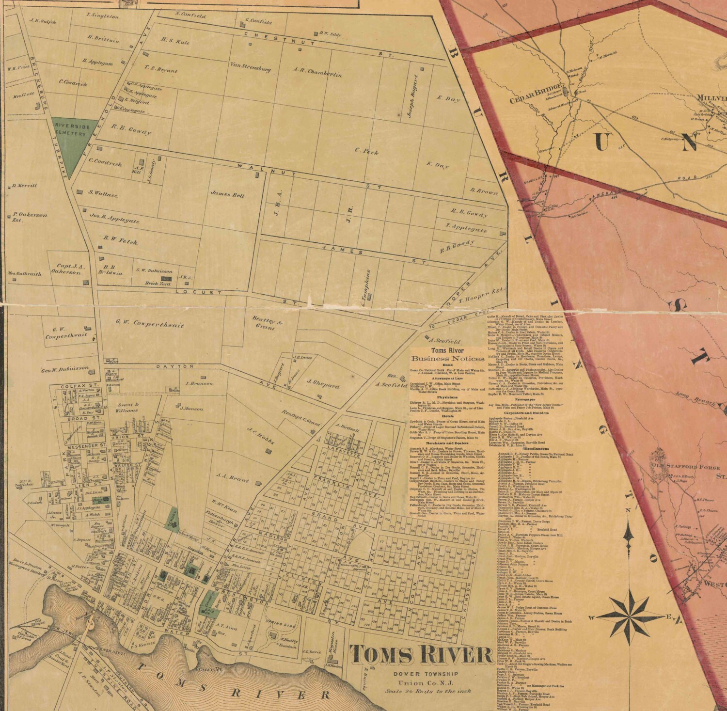 Ocean County New Jersey 1872 Old Wall Map Reprint with