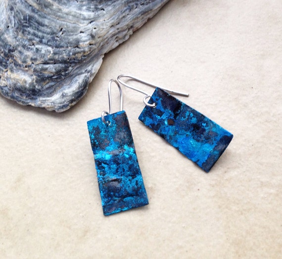Forged copper patina earrings blue copper by EvadesignsMaine