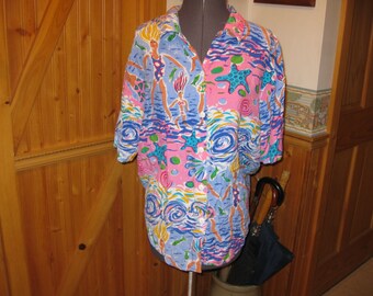 Vtg 70s Neon Pink Blue Rayon Hawaiian blouse starfish swimmers has it all free ship sz 10
