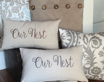 Farmhouse Pillow, Our Nest, Ticking Pillow, Cotton Canvas Pillow, Our Nest Pillow, Shabby Chic Pillow, Family Pillow, Embroidered Pillow
