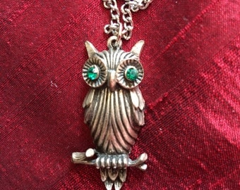 1970's horned owl necklace with green rhinestone eyes