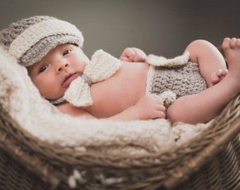 Newborn boy photo outfit, newborn boy crochet outfit baby boy outfit hat tie bow Diaper cover Crochet Newborn photo prop. Mix and match