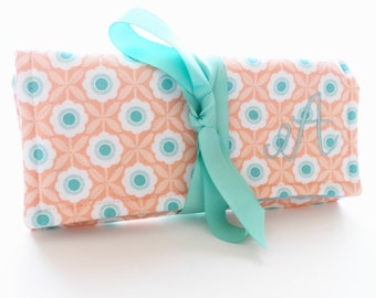 Travel Jewelry Roll Peach Aqua Floral Fabric for Travel Bridesmaid Gift