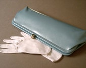 Vintage plastic clutch purse 1960's, powder blue shiny vinyl, snake skin pattern, baguette style, Mad Men, Jackie O, wedding, chic.