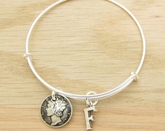 For 80th: 1937 Antiqued US Dime Coin Bangle Wire Bracelet with optional letter charm 80th Birthday Gift Coin Jewelry