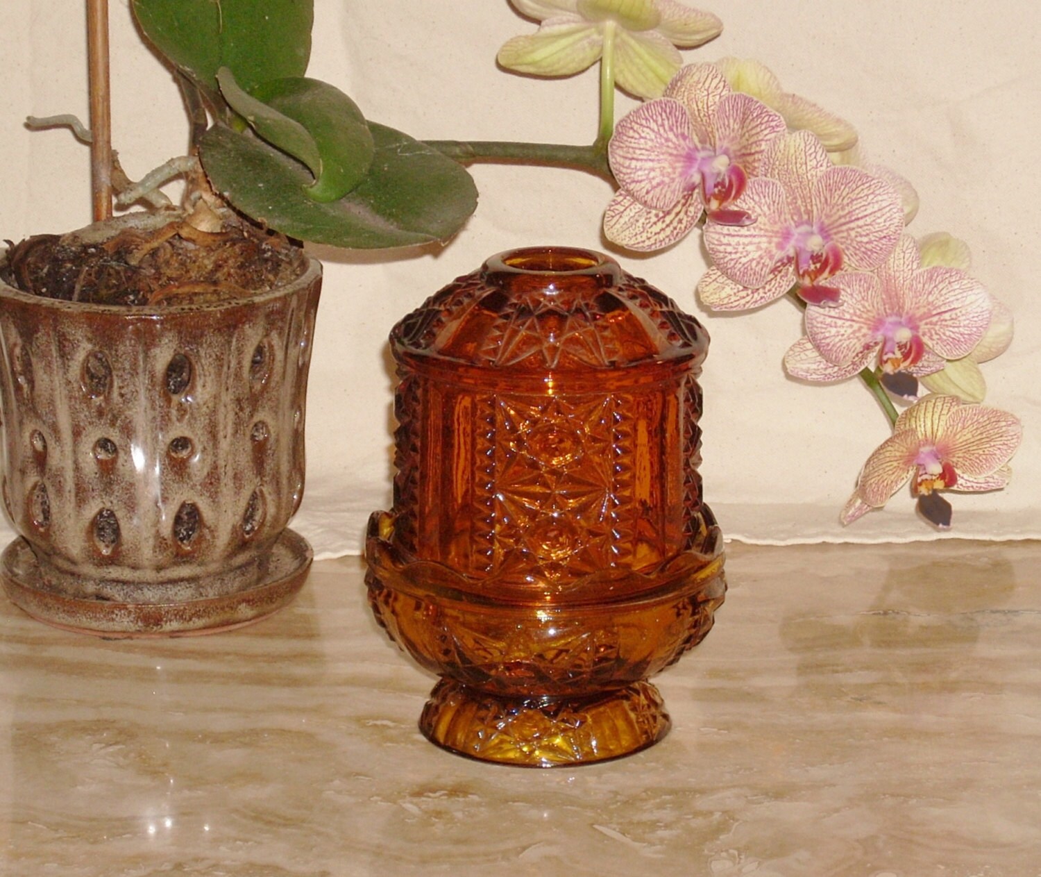 Vintage Amber Glass Hurricane Lamp Candle Holder