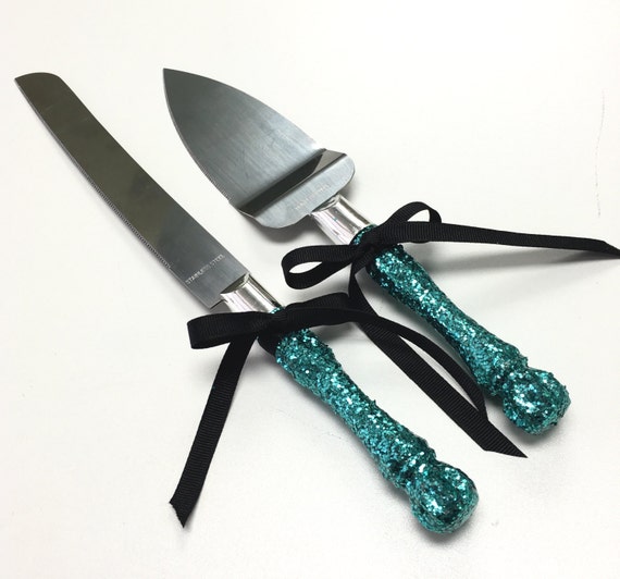 Turquoise glitter cake server set by MondaineDesignStudio on Etsy