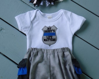 Thin Blue Line, Police Baby, Baby Girl Outfit, Ruffle Diaper Cover, Thin Blue Line Hairbow, My Family's Life Matters, Uncle, Mommy, Daddy,