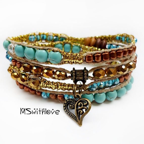 Bohemian Wrap Bracelet for Woman Turquoise Beaded by MSwithlove