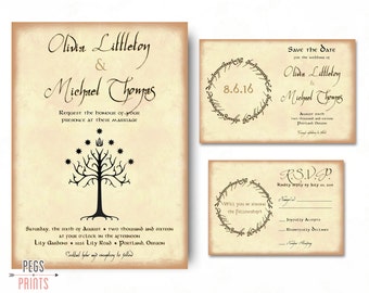Geek Wedding Invitation Set - Lord of the Rings Wedding Invitation Set - Save the Date, Invitation, RSVP - Tree of Gondor Invite PRINTABLE