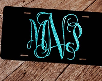Glitter Monogram License Plate. (Faux) Glitter License Plate Frame. Custom License Plate. Monogram Car Tag. Front License Plate. Black