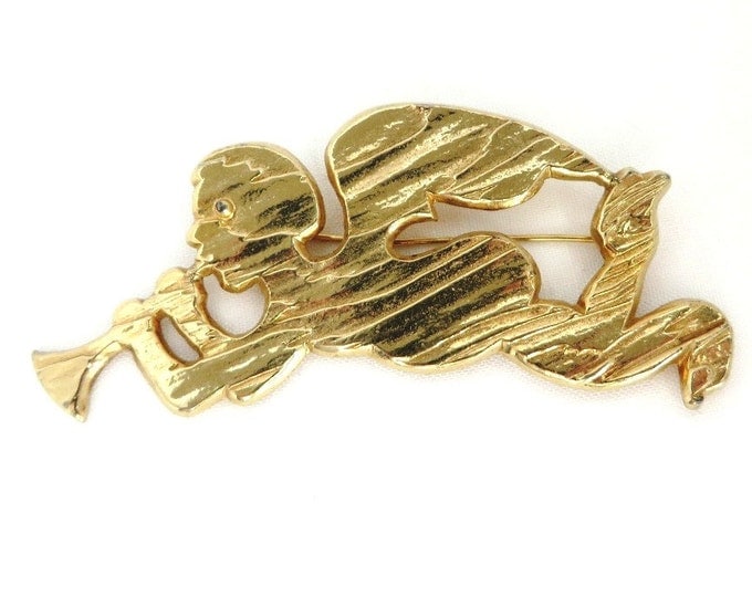 Vintage Brooch - Castle Cliff Flying Angel Brooch, Gold Tone Angel with Horn Pin, Christmas Gift