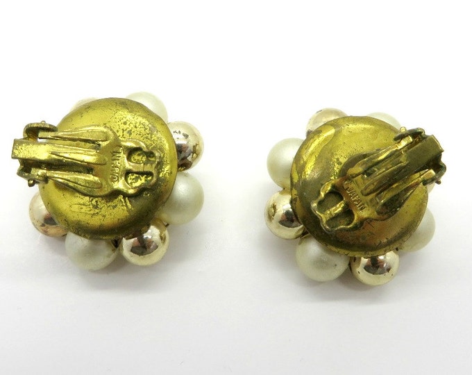 Faux Pearl Japan Earrings, Vintage Goldtone Bead Earrings, Cluster Clip-on Earrings