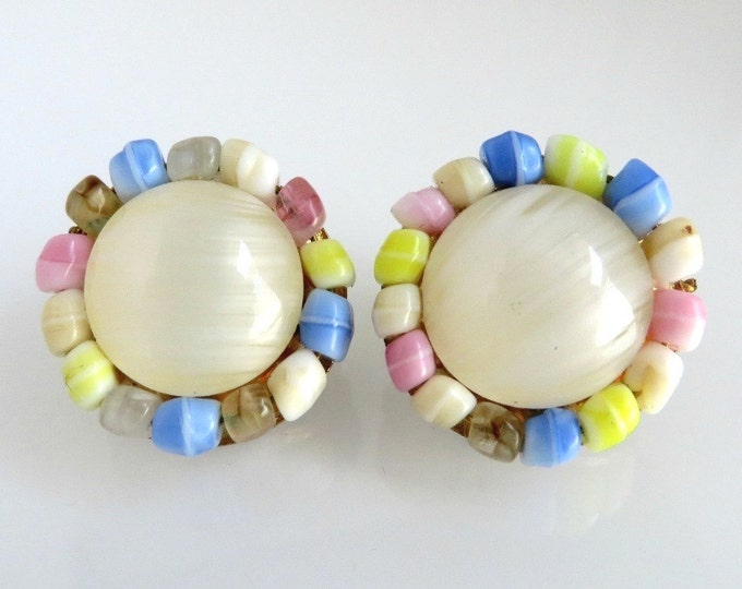 Trifari Pastel Button Earrings, Cream Pink Blue Brown Yellow Glass Vintage Clip-on Earrings, Birthday Gift, Christmas Gift