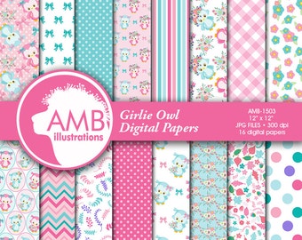 Girlie Owl Digital Papers, Owl digital papers, Girl Owl Digital papers, Pastel Colored Owls, commercial use, AMB-1503