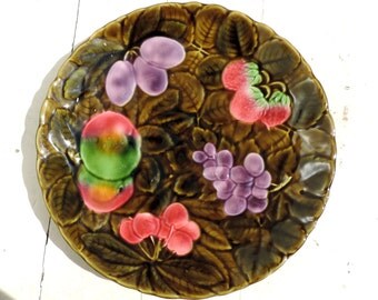 French Vintage Platter With Fruit/Vintage Platter With Fruit/Vintage Sarreguemines Majolica Platter/Barbotine Serving Plate/Fruit Platter