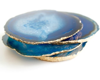 Agate Coasters - agate coaster set - agate coasters gold - geode coasters - stone coasters - agate slice - blue agate coasters - geode decor