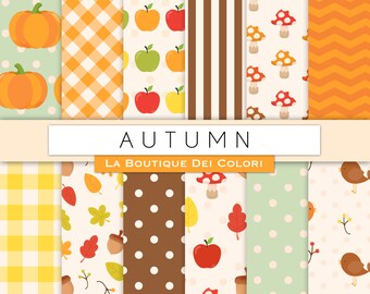 Fall digital paper. Cute digital paper pack of Autumn backgrounds Fallen Leaves, pumpkins, apples patterns for commercial use clipart