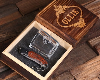 Personalized Engraved Monogrammed Pocket Knife, Shot Glass and Wood Box Groomsmen, Father's Day Gift For Men