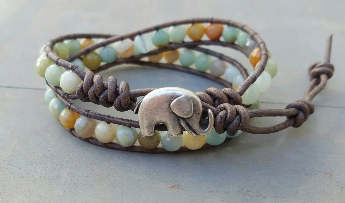 Elephant Wrap Bracelet. Boho Bracelet. Beaded Leather Wrap