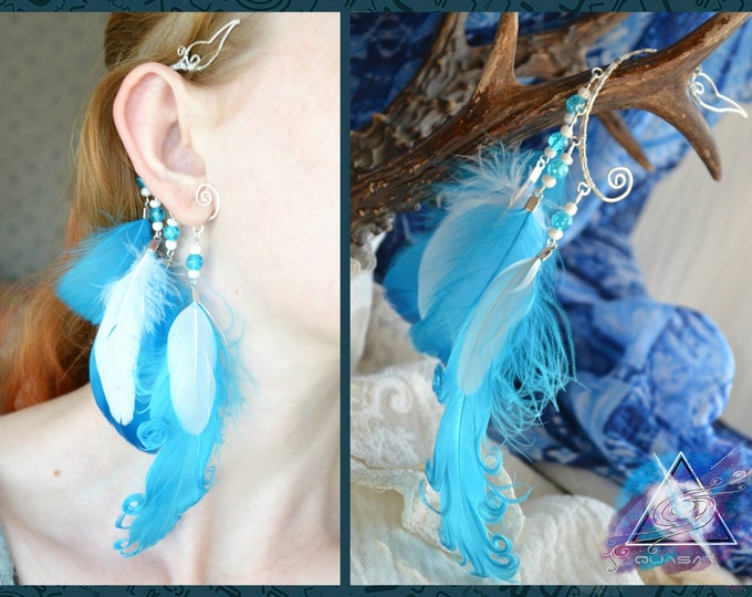 Ear cuff with turquoise feathers | Feather ear cuff, boho ear cuff, quasarshop, boho asseccories, bird jewelry, ethnic, earcuffs
