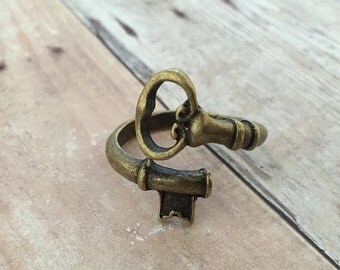 Skeleton Key Ring Antique Bronze Vintage Adjustable Jewelry Wraparound Spoon Ring