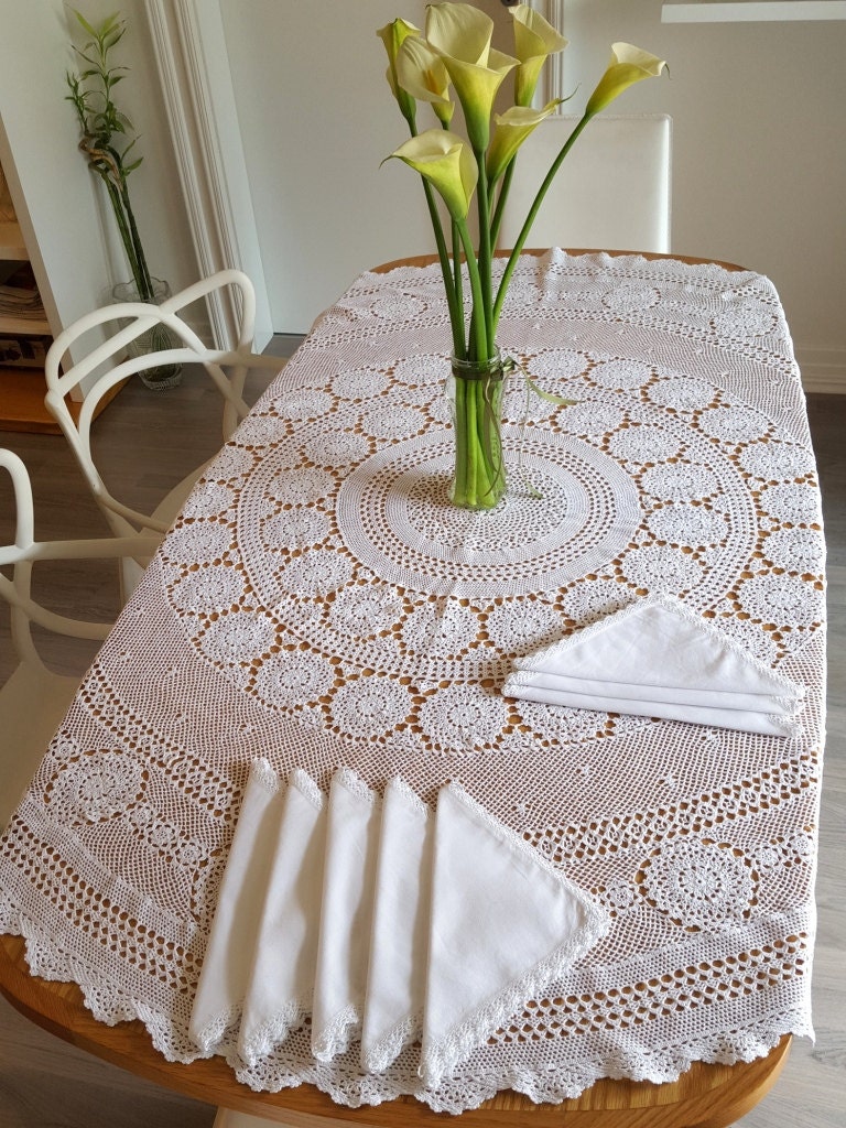 Crochet table cover set white lace tablecloth and 8 lace trim