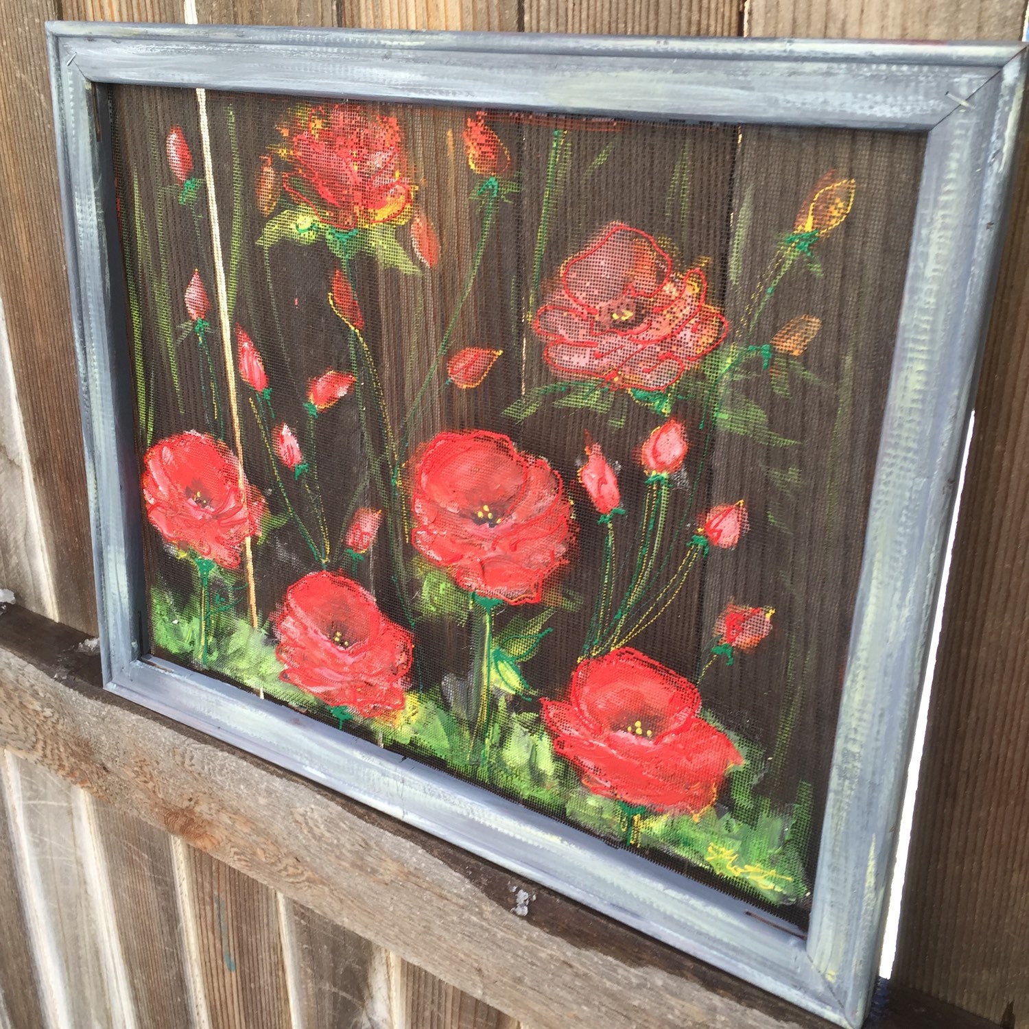 Red poppies hand painted window screen