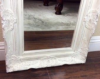Pretty Mirror, White Mirror, 19" by 23", Distressed, Cottage Chic Decor, Ornate Mirror, Wedding Decor, Boho, Wall Mirror, Vanity Mirror