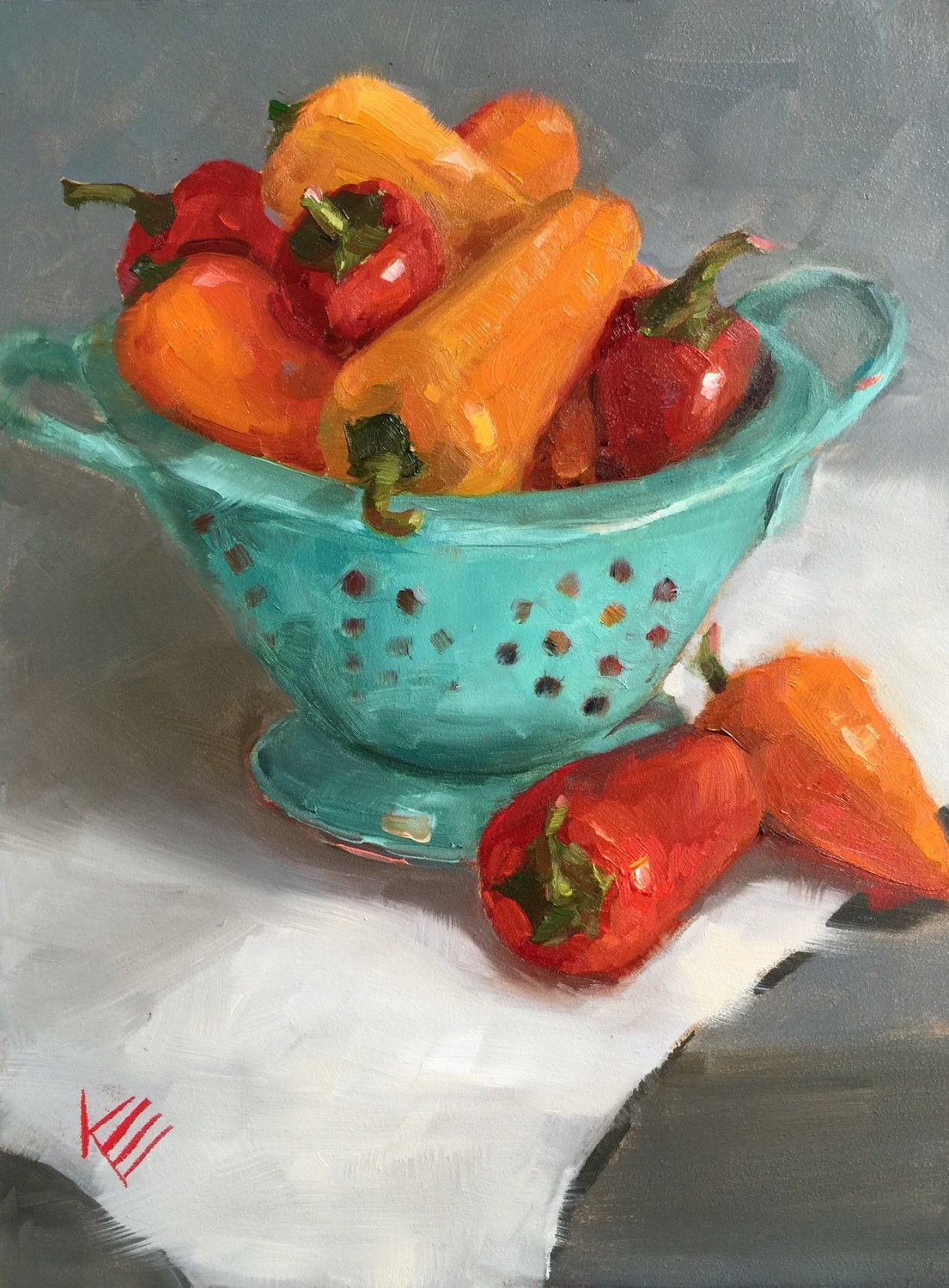 Sweet Peppers Still life 6x8 oil painting by kristaeatonart