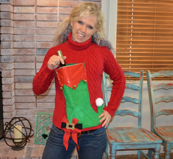 Wine Holder Ugly Christmas Sweater, red turtle neck cableknit, elf stocking, Medium, women, alcohol, wine, novelty, wine holder