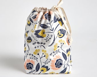 Drawstring Bag with Waterproof Lining, Knitting Project Bag, Drawstring Pouch, Flora by Made on Main VT