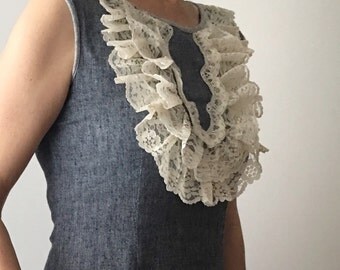 Mini Dress, Women's Jean Dress, Short Dress Boho Dress, Sleeveless Dress, Chambray Dress, Vintage Lace Dress