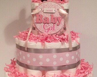 Baby Girl Diaper Cake, Baby Shower Centerpiece, Girl Diaper Cake, Baby Shower Gift, Diaper Cake