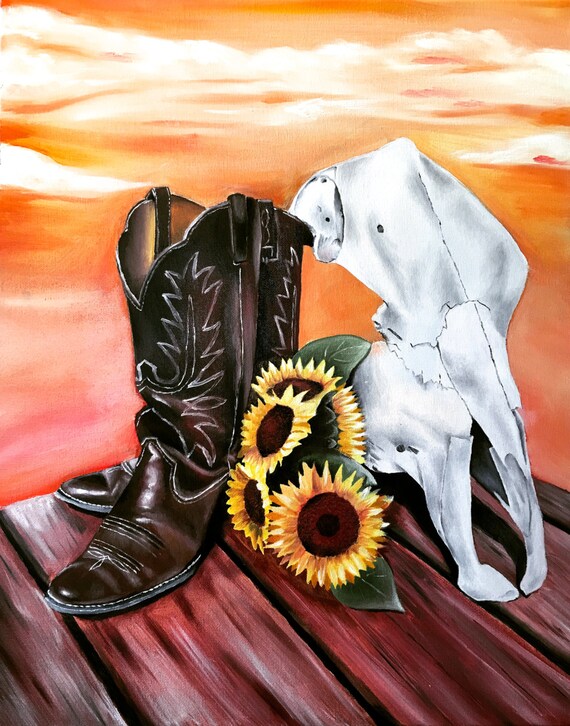 Cow Skull Boots and Sunflowers by ArtsySummer on Etsy