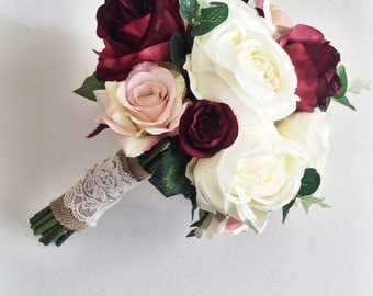Marsala, burgundy, ivory, silk bridal bouquet, roses, peony, rustic, autum wedding