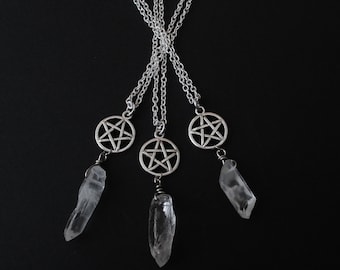 crystal point pentagram necklace, gothic, occult jewelry, witchy, nu goth, quartz necklace