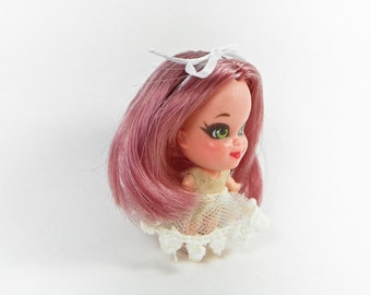 Mauve Hair Full Reroot Liddle Kiddle Doll - Dusty Rose Color - Custom OOAK Miniature Mattel Doll - Restored Kiddle Perfume Doll
