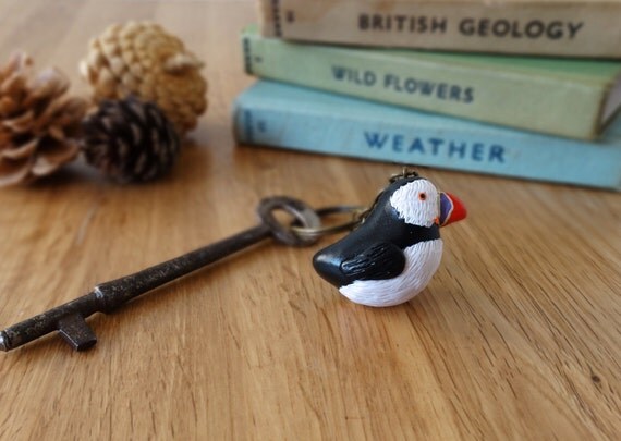 By the Shed Puffin Sea bird Key Chain Key Ring Black White