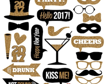 2017 New Year's Eve Photo Booth Props Collection–Printable Instant Download–Black & Gold Glitter Photo Booth Props for New Year's Eve Party