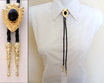 Bola Bolo Tie, Gold Finish Arrowhead w Black Agate Stone, Boho Southwestern Country Western Wear Indian Cowgirl Cowboy Necktie, ID 471996627