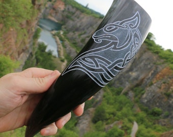 Wolf CELTIC DRINKING HORN Carved Pagan Horns Cup Decorated Carving Cow Norse Wolves Viking Vikings Fenrir Fenri Beast Tribal Book of Kells