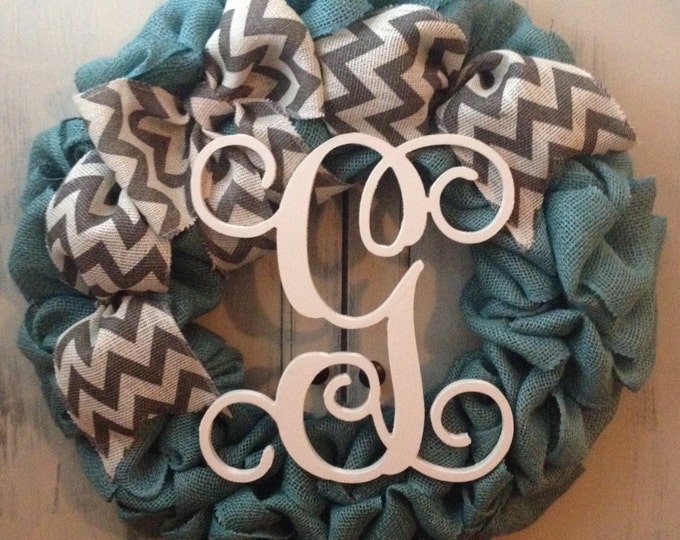 Turquoise letter summer wreath, spring wreath, burlap wreath