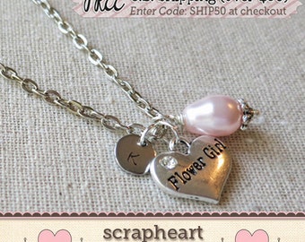 Flower Girl Necklace, Personalized Flower Girl Gift, Hand Stamped Girls Jewelry, Personalized Wedding Keepsake, Dainty Stamped Initial Charm