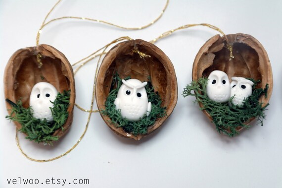 Owl woodland ornaments walnut shell ornaments Nature by Velwoo