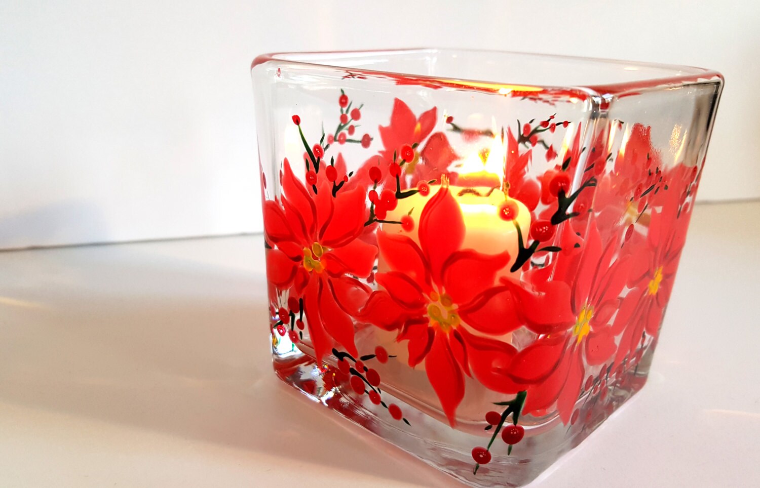 Candle Holder Hand Painted Poinsettia Candle by WhineAlittlegifts